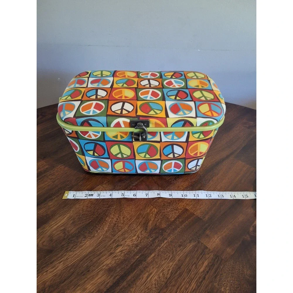 Vintage Style Peace Sign Sewing Basket Organizer Box with Removable Tray Multi